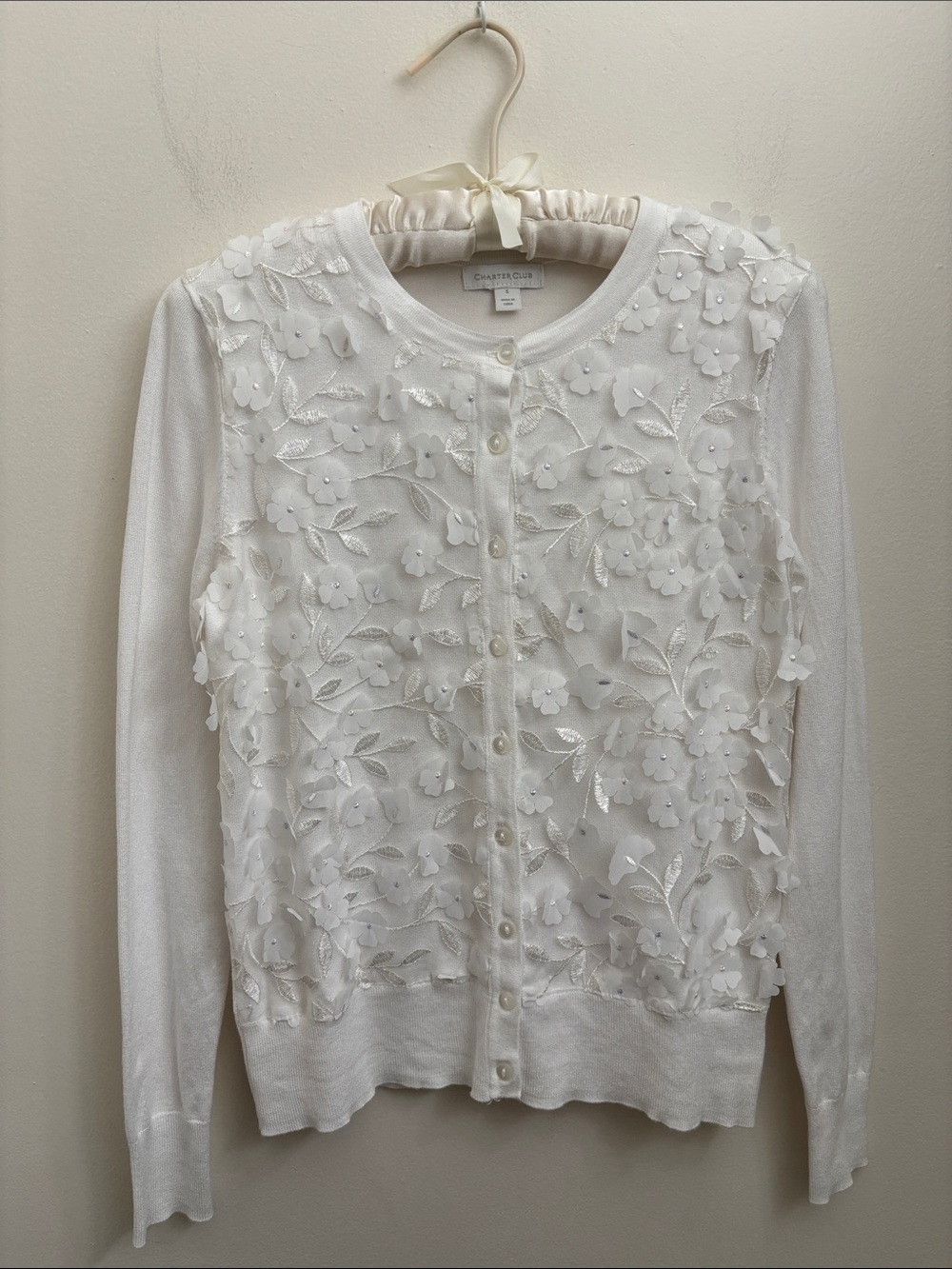 Charter Club White Floral Appliqué Cardigan Shirt